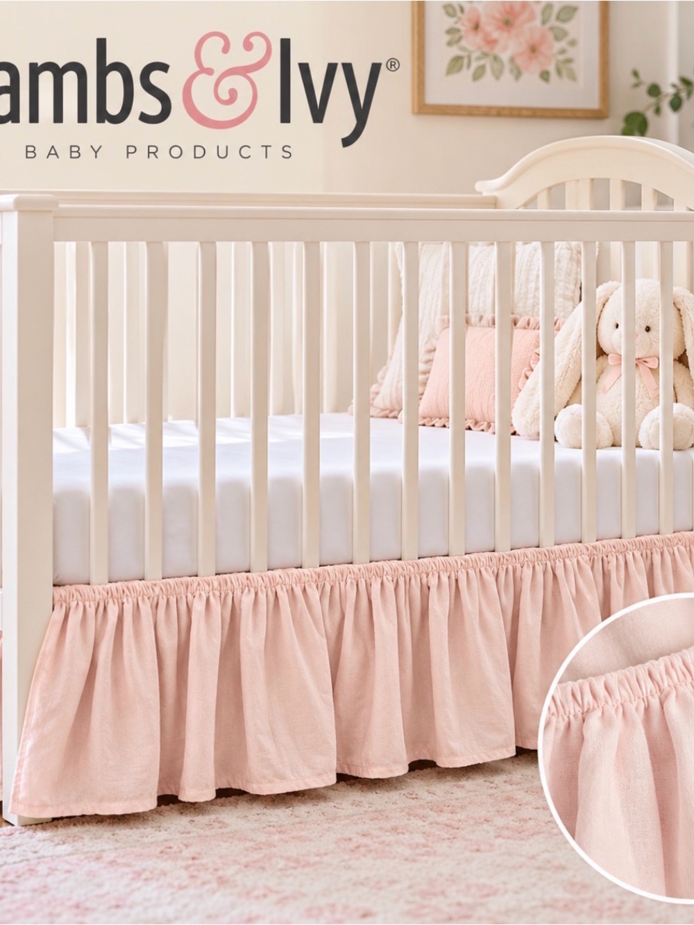 Lambs & Ivy Pink Ruffle Crib Skirt Blush Linen Blend Nursery Bedding